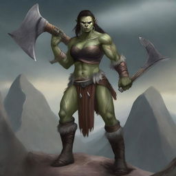 A powerful and sexy female half-orc with albine skin wielding a massive axe