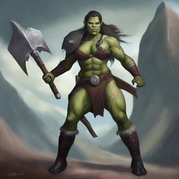 A powerful and sexy female half-orc with albine skin wielding a massive axe