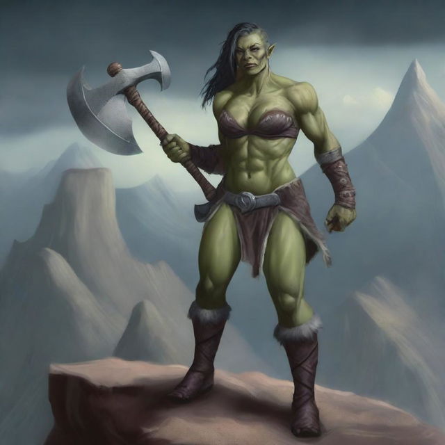 A powerful and sexy female half-orc with albine skin wielding a massive axe