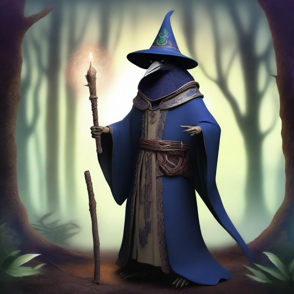 A mystical kenku wizard standing in an enchanted forest, holding a magical staff with glowing runes