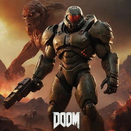 A cinematic poster for a movie inspired by the video game DOOM. The image features a muscular protagonist with futuristic armor and a monstrous creature in the background, set amidst a hellish, Martian landscape.