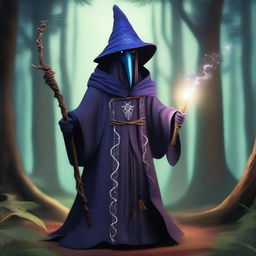 A mystical kenku wizard standing in an enchanted forest, holding a magical staff with glowing runes