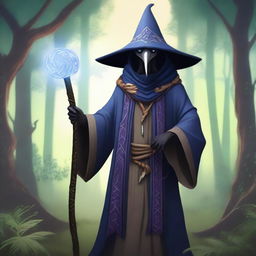 A mystical kenku wizard standing in an enchanted forest, holding a magical staff with glowing runes