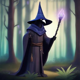 A mystical kenku wizard standing in an enchanted forest, holding a magical staff with glowing runes