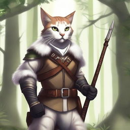 A detailed illustration of a Tabaxi, a humanoid cat creature, with white fur