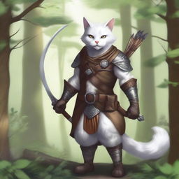 A detailed illustration of a Tabaxi, a humanoid cat creature, with white fur