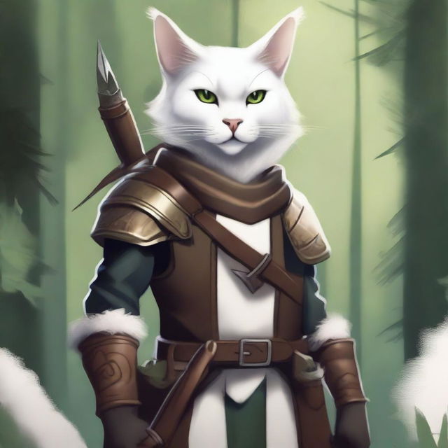 A detailed illustration of a Tabaxi, a humanoid cat creature, with white fur