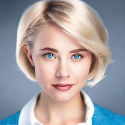 Create an attractive young woman with short blonde hair and blue eyes