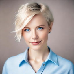 Create an attractive young woman with short blonde hair and blue eyes