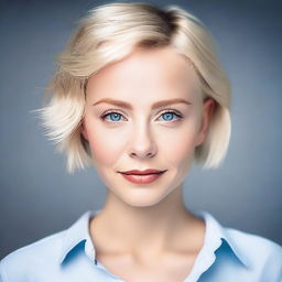 Create an attractive young woman with short blonde hair and blue eyes