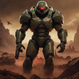 A cinematic poster for a movie inspired by the video game DOOM. The image features a muscular protagonist with futuristic armor and a monstrous creature in the background, set amidst a hellish, Martian landscape.