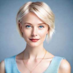 Create an attractive young woman with short blonde hair and blue eyes