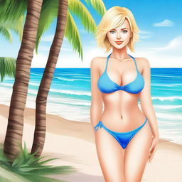 Create a sexy girl in a bikini with short blonde hair and blue eyes