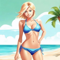 Create a sexy girl in a bikini with short blonde hair and blue eyes