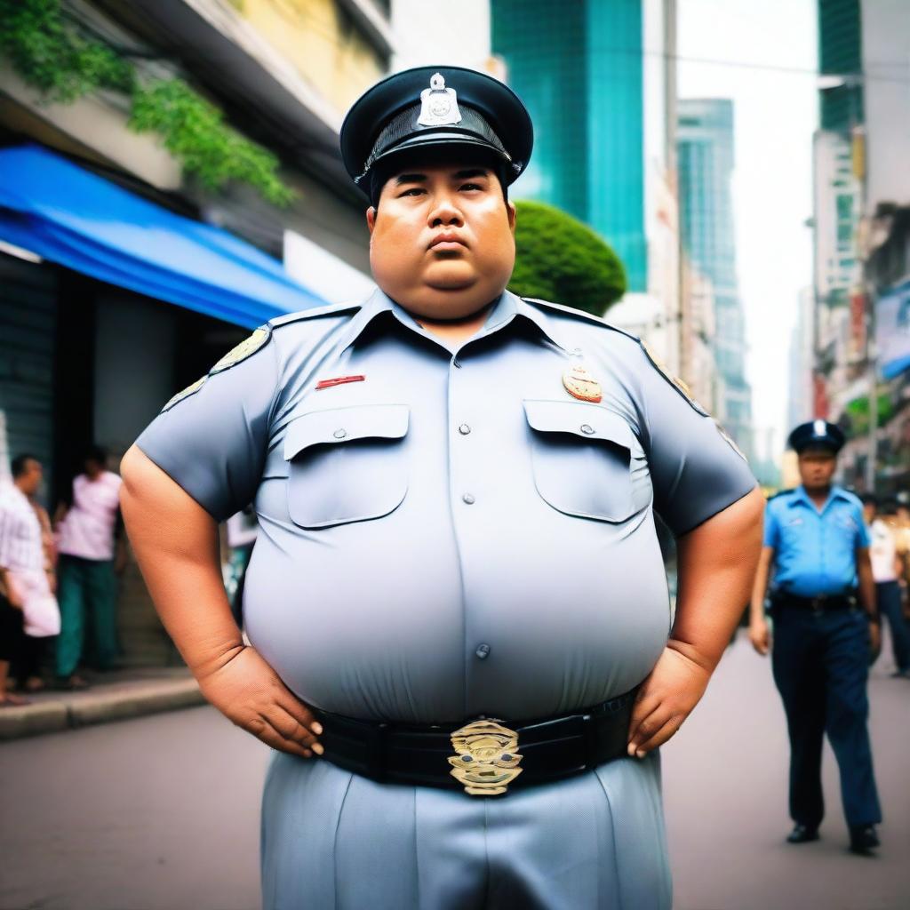 A huge, obese, big-bellied, tall Thai policeman standing proudly in his uniform