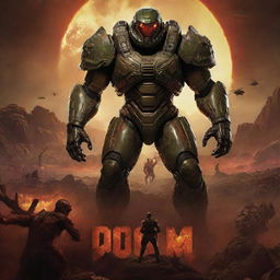 A cinematic poster for a movie inspired by the video game DOOM. The image features a muscular protagonist with futuristic armor and a monstrous creature in the background, set amidst a hellish, Martian landscape.