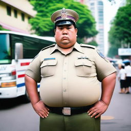 A huge, obese, big-bellied, tall Thai policeman standing proudly in his uniform