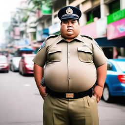 A huge, obese, big-bellied, tall Thai policeman standing proudly in his uniform