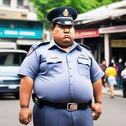 A huge, obese, big-bellied, tall Thai policeman standing proudly in his uniform