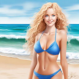 Create a highly sexy and realistic image of a girl in a bikini with curly blonde hair and blue eyes