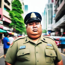 A perspective shot looking up at a huge, obese, big-bellied, tall Thai policeman