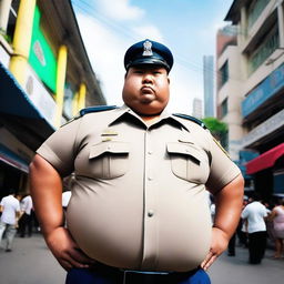 A perspective shot looking up at a huge, obese, big-bellied, tall Thai policeman