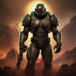 A cinematic poster for a movie inspired by the video game DOOM. The image features a muscular protagonist with futuristic armor and a monstrous creature in the background, set amidst a hellish, Martian landscape.