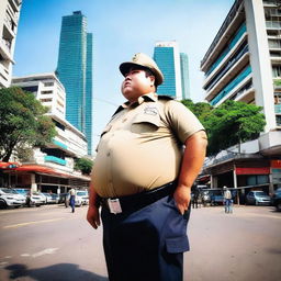 A perspective shot looking up at a huge, obese, big-bellied, tall Thai policeman