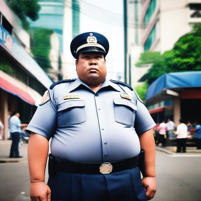 A perspective shot looking up at a huge, obese, big-bellied, tall Thai policeman