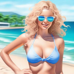 Create an overly sexy and realistic image of a girl in a bikini with curly blonde hair, blue eyes, and a small waist