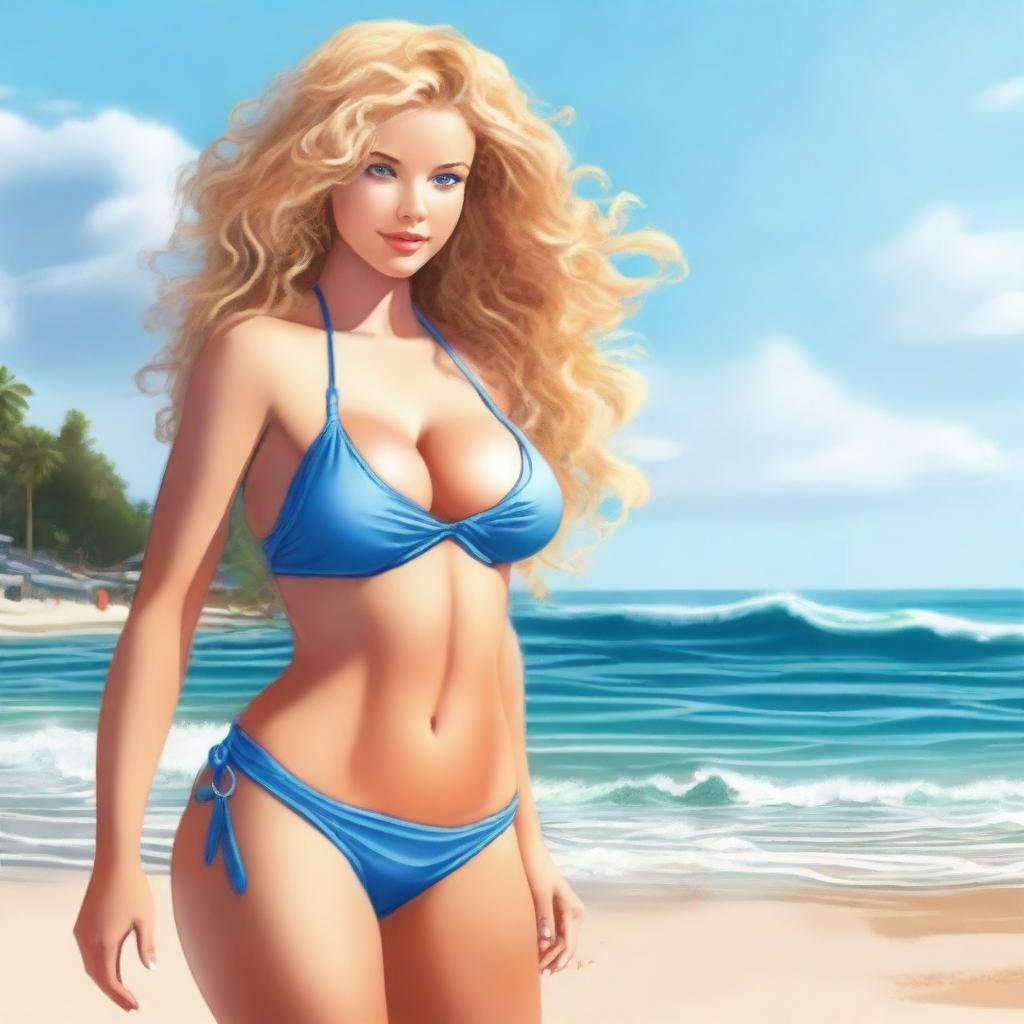 Create an overly sexy and realistic image of a girl with a curvy figure, large breasts, curly blonde hair, blue eyes, and a small waist