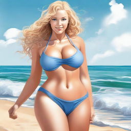 Create an overly sexy and realistic image of a girl with a curvy figure, large breasts, curly blonde hair, blue eyes, and a small waist