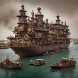 A tableau of Senegal interpreted through a steampunk lens, presenting Dakar merged with clockwork architecture, the Senegal River flowing amidst steam-powered vessels, and exotic wildlife redesigned with an array of gears and cogs.