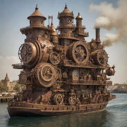 A tableau of Senegal interpreted through a steampunk lens, presenting Dakar merged with clockwork architecture, the Senegal River flowing amidst steam-powered vessels, and exotic wildlife redesigned with an array of gears and cogs.