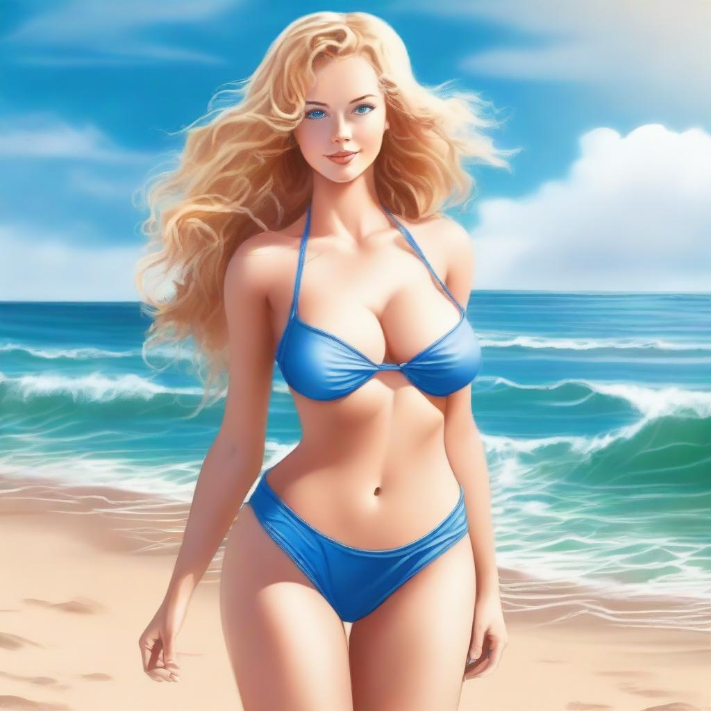 Create an extremely sexy and realistic image of a girl with a curvy figure, large breasts, curly blonde hair, blue eyes, and a small waist