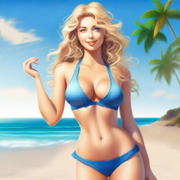 Create an extremely sexy and realistic image of a girl with a curvy figure, large breasts, curly blonde hair, blue eyes, and a small waist