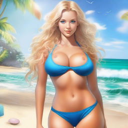 Create an extremely sexy and realistic image of a girl with a curvy figure, large breasts, curly blonde hair, blue eyes, and a small waist