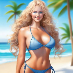 Create a highly sexy and realistic image of a girl in a bikini with curly blonde hair and blue eyes, emphasizing her curvy figure and voluptuous buttocks