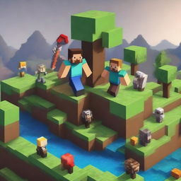 A vibrant and exciting gameplay scene from Minecraft, featuring characters building and exploring a vast, blocky world