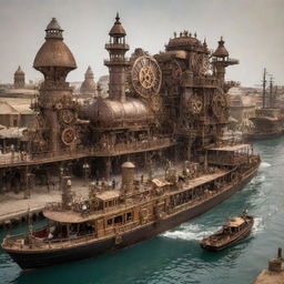 A tableau of Senegal interpreted through a steampunk lens, presenting Dakar merged with clockwork architecture, the Senegal River flowing amidst steam-powered vessels, and exotic wildlife redesigned with an array of gears and cogs.