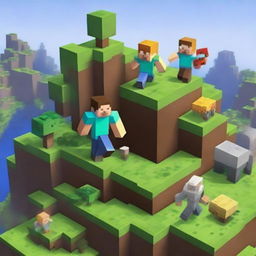 A vibrant and exciting gameplay scene from Minecraft, featuring characters building and exploring a vast, blocky world