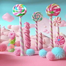 A vibrant, whimsical land made entirely of colorful bubble gum. Pink and turquoise rolling hills, soaring candy cane trees, gummy bear inhabitants, bubble gum blowing flowers, and a sky filled with cotton candy clouds.