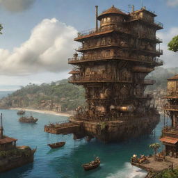 An imaginative rethinking of Sierra Leone imbued with steampunk elements, depicting Freetown swathed in a rusted metallic cloak, beautiful beaches awakened by steam-powered contraptions, and tropical rainforests filled with mechanical wildlife.