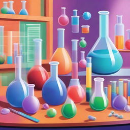 A detailed and vibrant illustration of a chemistry lab for a cover page