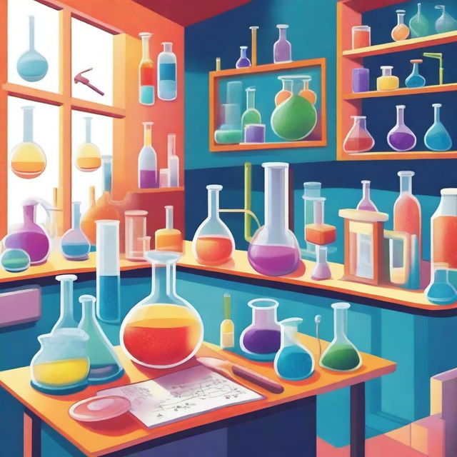 A detailed and vibrant illustration of a chemistry lab for a cover page