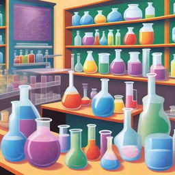 A detailed and vibrant illustration of a chemistry lab for a cover page