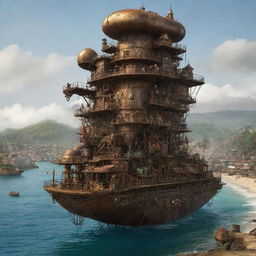 An imaginative rethinking of Sierra Leone imbued with steampunk elements, depicting Freetown swathed in a rusted metallic cloak, beautiful beaches awakened by steam-powered contraptions, and tropical rainforests filled with mechanical wildlife.