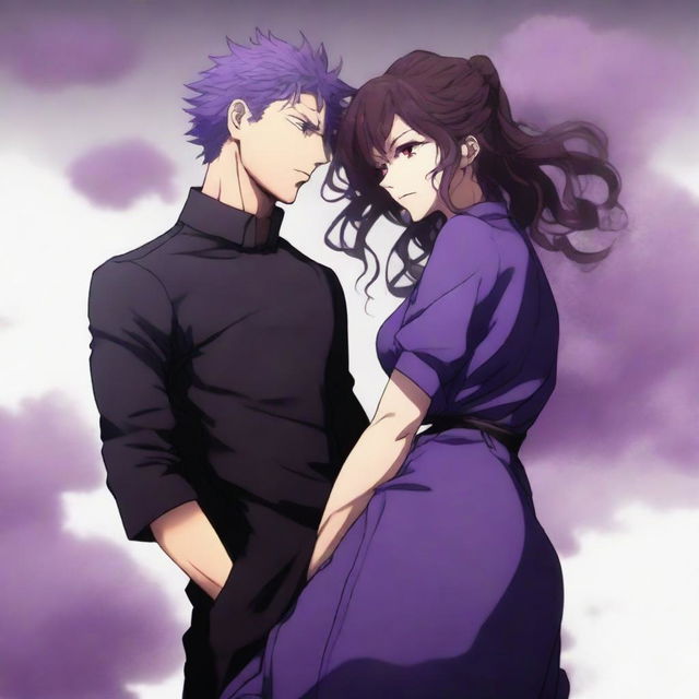 A full-body anime-style image in the style of Jujutsu Kaisen featuring a romantic couple