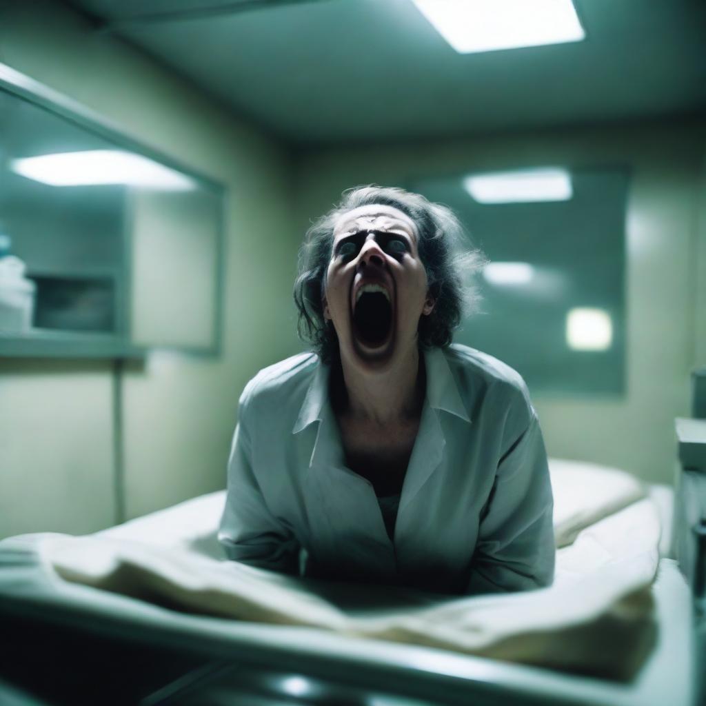 A chilling scene in a morgue where a woman is screaming in terror