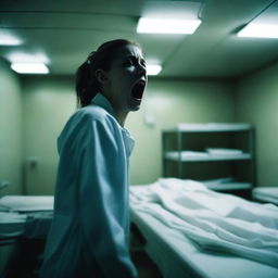 A chilling scene in a morgue where a woman is screaming in terror